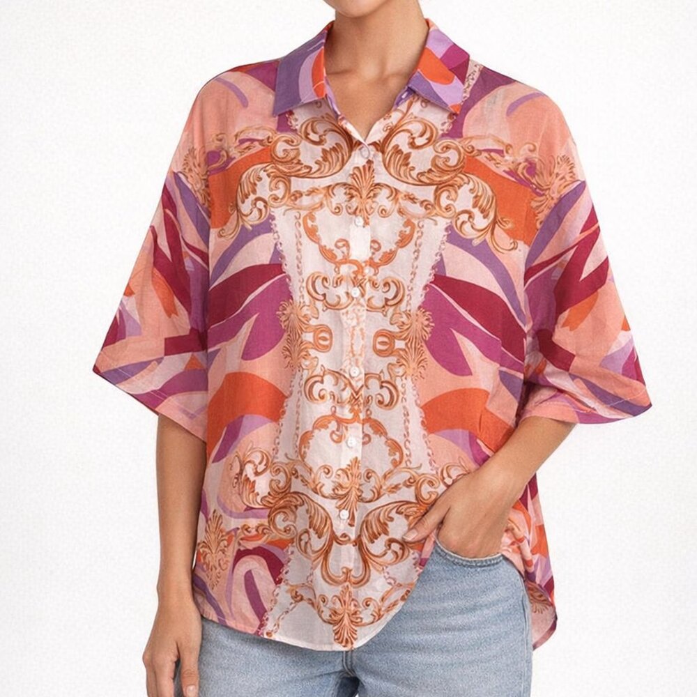 Her Bottari colorful abstract lightweight half sleeve button down tunic, L